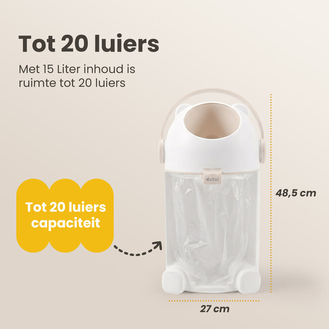 Dutsi - Luieremmer PLUS – 100% Geurvrij & Extra Stabiel – 10L inhoud - Incl. 40 Zakjes - Beige/Taupe