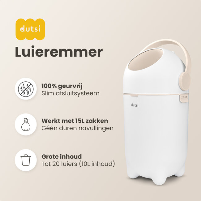 Dutsi - Design Luieremmer – 100% Geurvrij & Universeel – Ruimte voor 20 luiers - Incl. 40 Zakjes - Beige