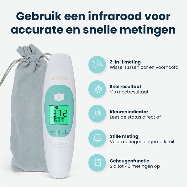 Dutsi Thermometer - Oorthermometer & Voorhoofd Thermometer - Digitale Koortsthermometer voor Baby & Volwassene - Snel & Nauwkeurig - Inclusief batterijen