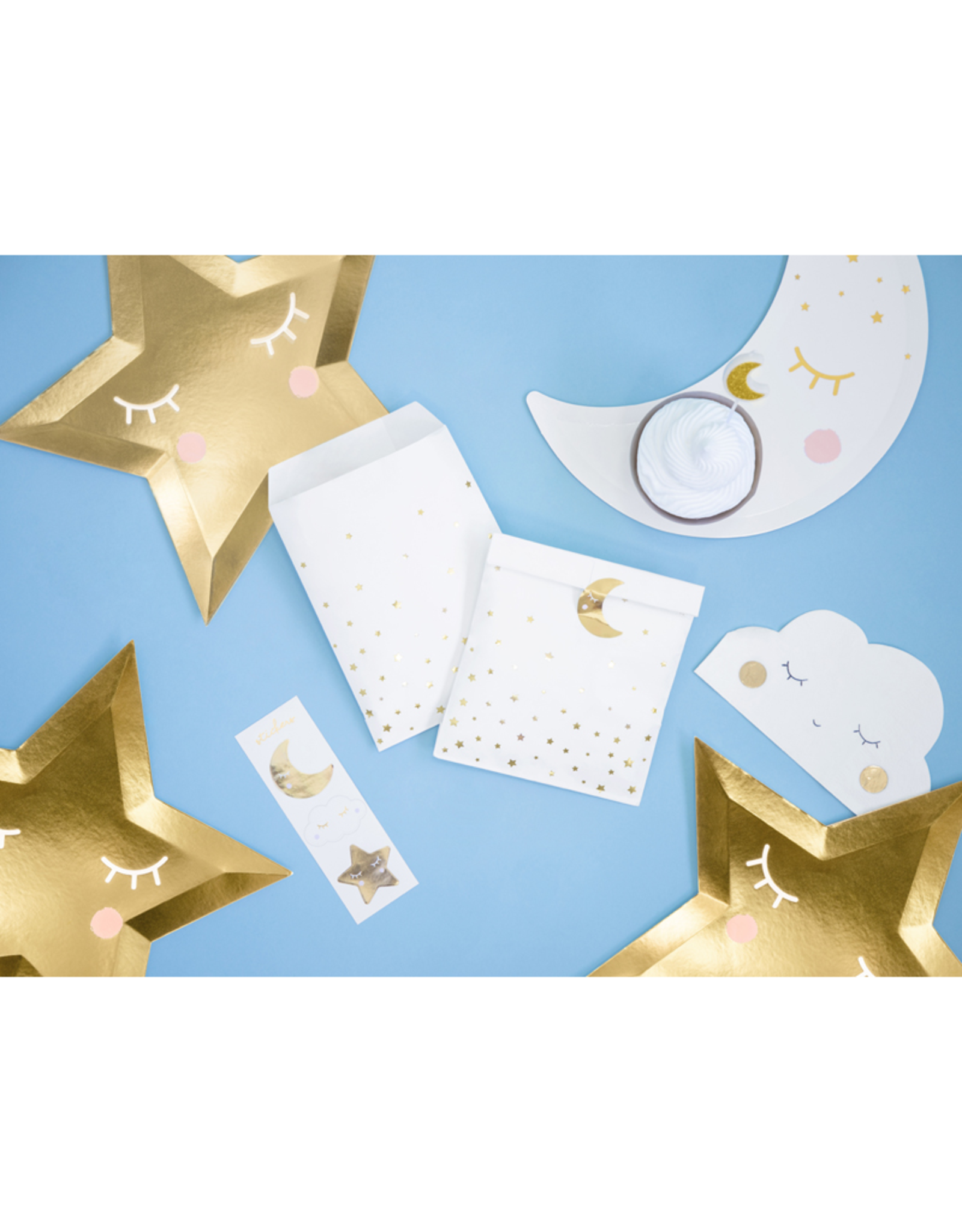 PartyDeco Zakjes wit met gouden sterren | 6 stuks