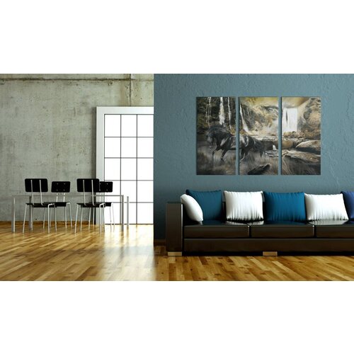 Schilderij Zwart paard voor waterval