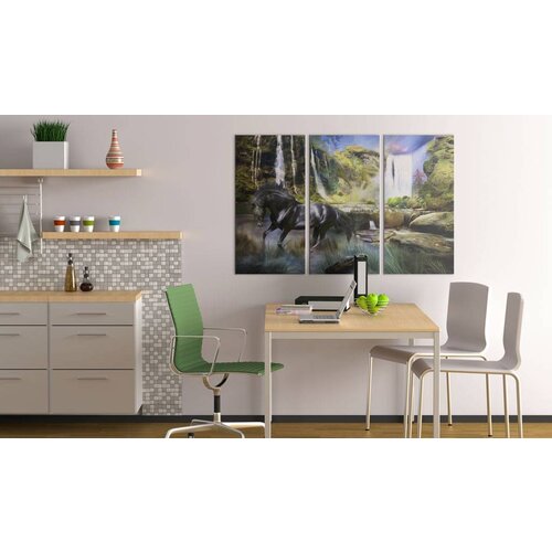 Schilderij Zwart paard voor waterval VI