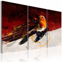 Schilderij - Klein vogeltje op een rood-wit achtergrond