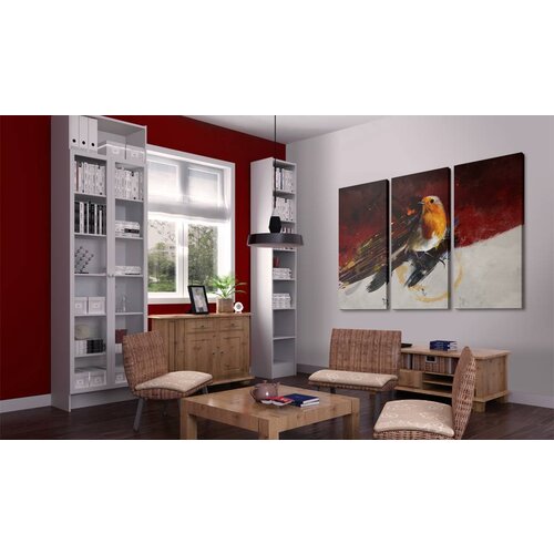 Schilderij - Klein vogeltje op een rood-wit achtergrond