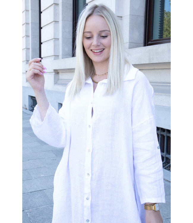 Button linen dress - white