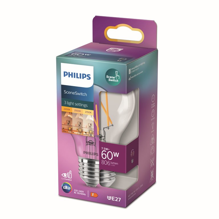 Philips LED SceneSwitch Lamp E27 Transparant 60W Warm Wit Licht