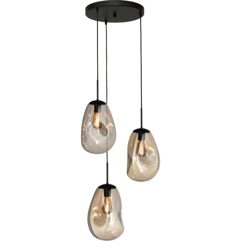 Hanglamp Lava 3-lichts rond mat zwart met goudkleurig glas