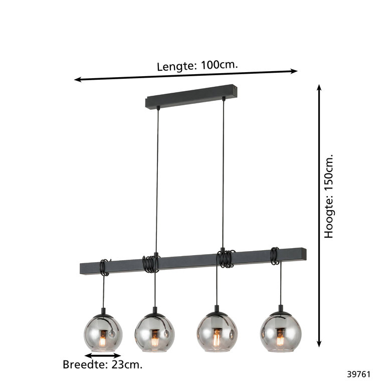 Hanglamp Argallo 4lichts Zwart met titanium glas