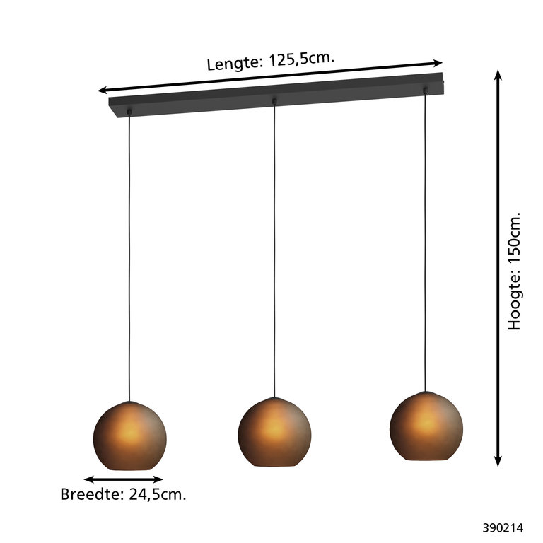 Hanglamp Arangona 3-lichts Zwart 125 cm