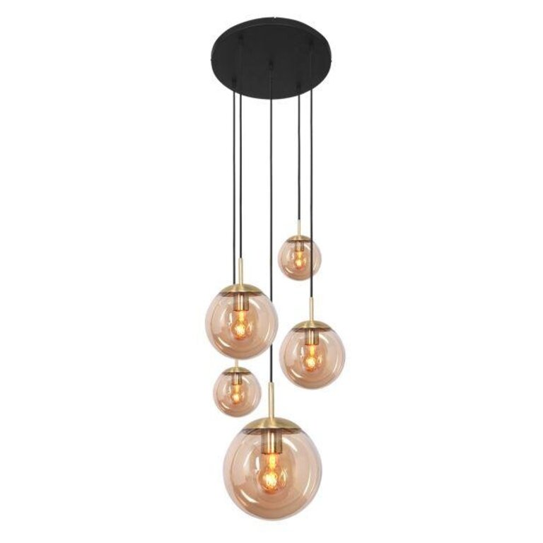 Hanglamp Bollique 5lichts glasbol amber glas