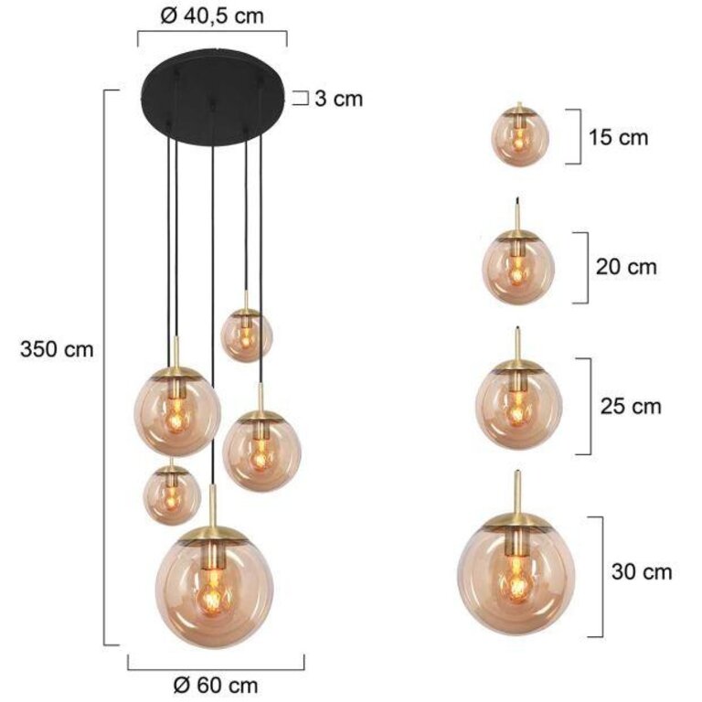 Hanglamp Bollique 5lichts glasbol amber glas