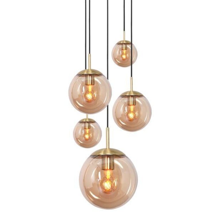 Hanglamp Bollique 5lichts glasbol amber glas