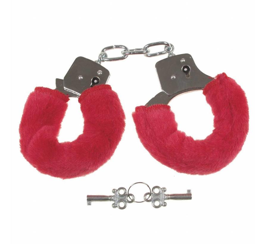 MFH - Handschellen -  2 Schlüssel -  chrom -  Fellüberzug in rot