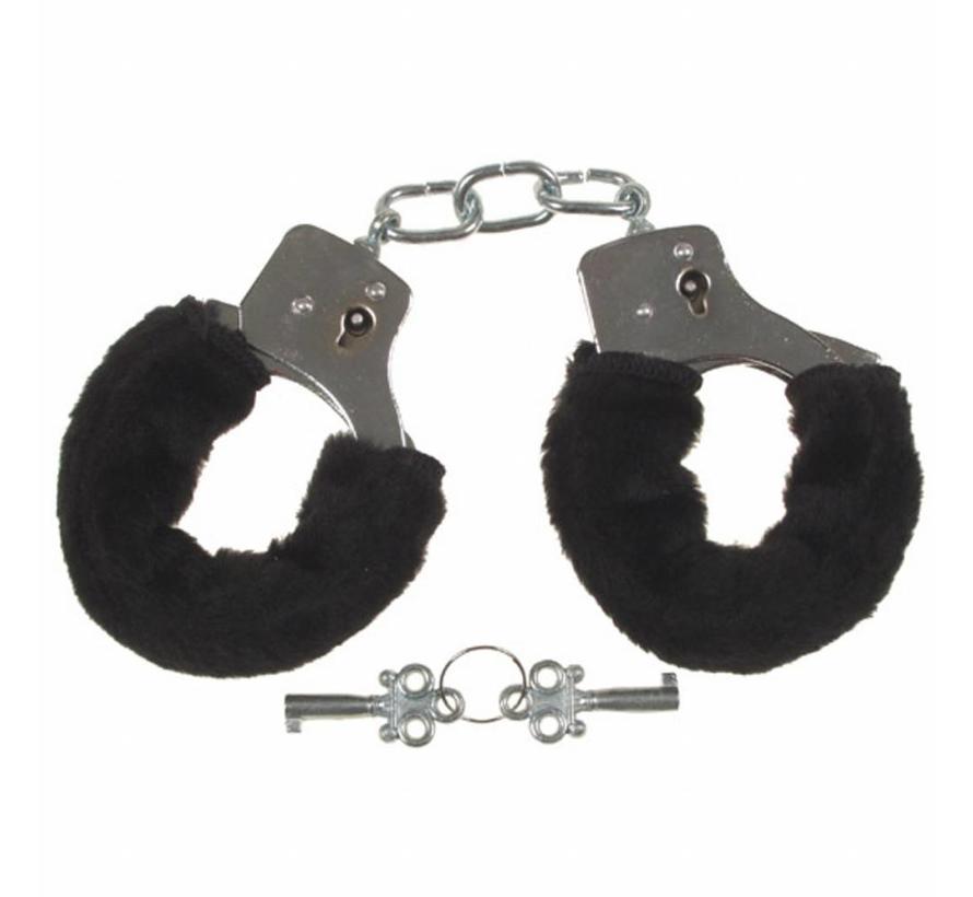 MFH - Handschellen -  2 Schlüssel -  chrom -  Fellüberzug in schwarz