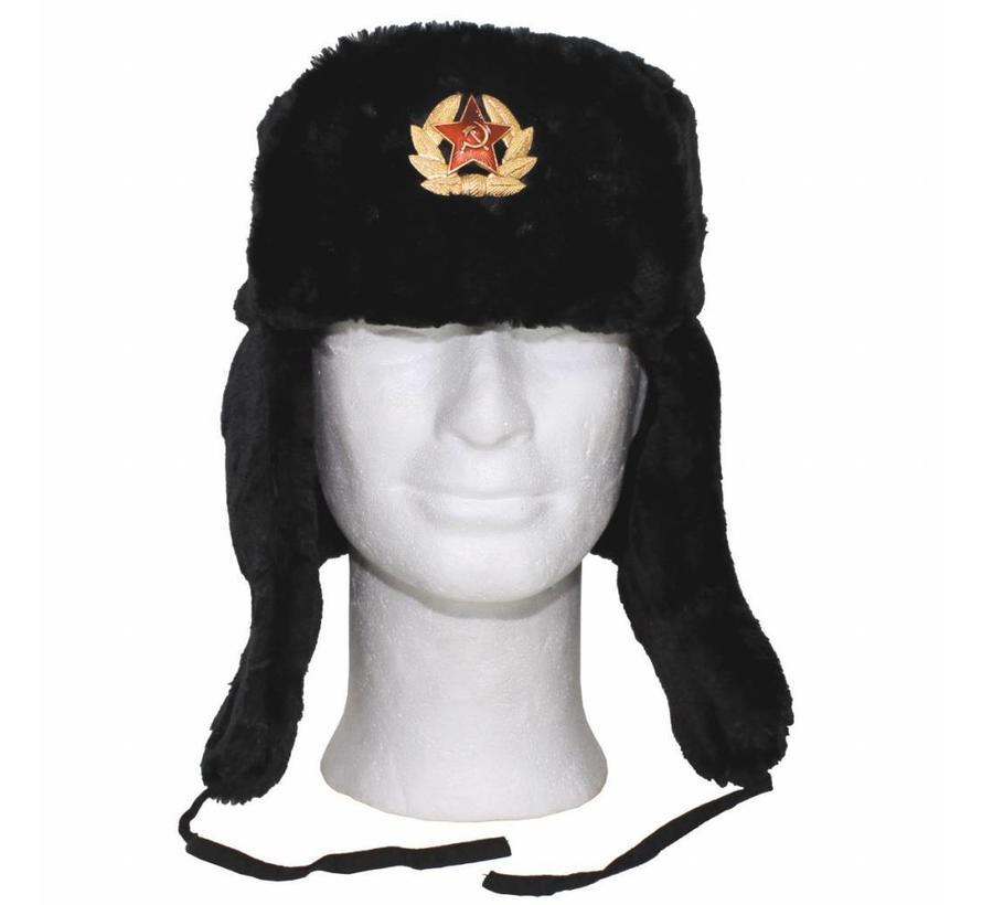 Chapeau de fourrure russe, noir, avec insigne