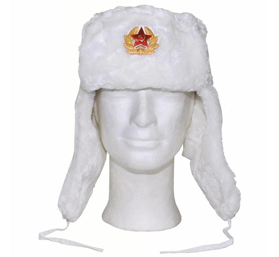 Chapeau de fourrure russe, blanc, avec insigne