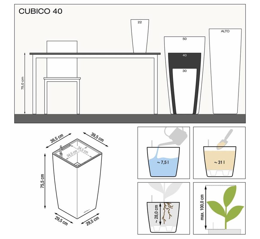 Lechuza - plantenbak CUBICO PREMIUM 40  Zilver metallic ALL-IN-ONE set