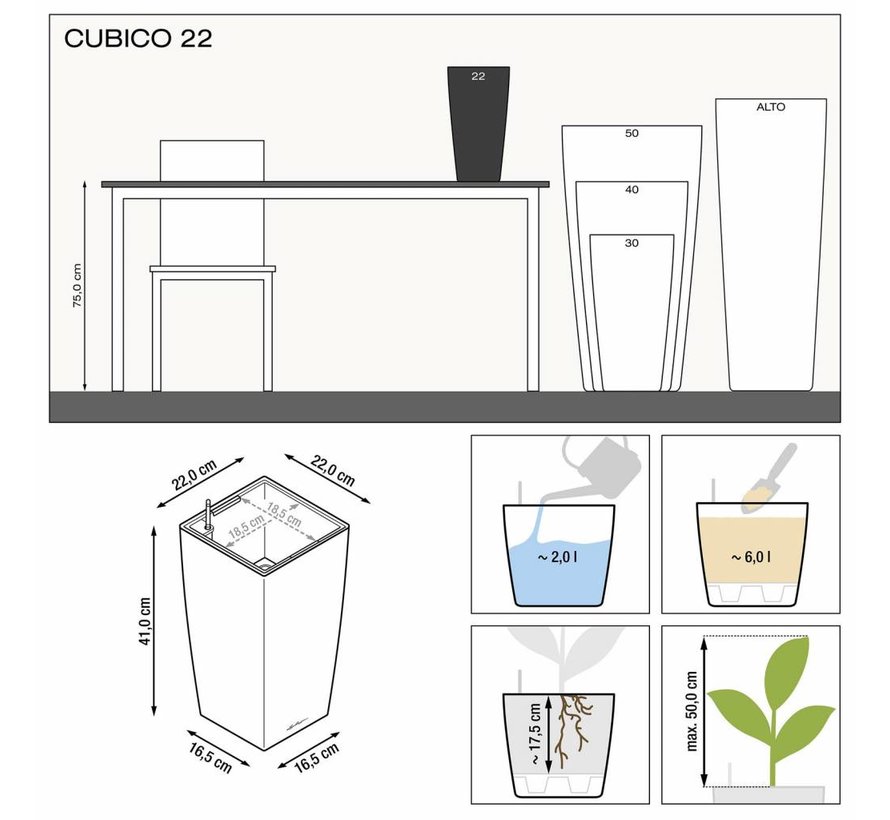 Lechuza - plantenbak CUBICO PREMIUM 22 Taupe hoogglans ALL-IN-ONE set