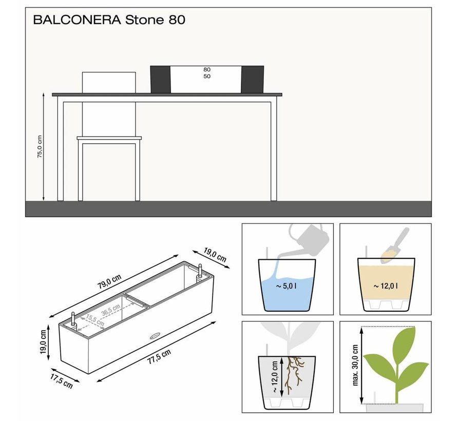 Lechuza - plantenbak BALCONERA STONE 80 grafietzwart ALL-IN-ONE set