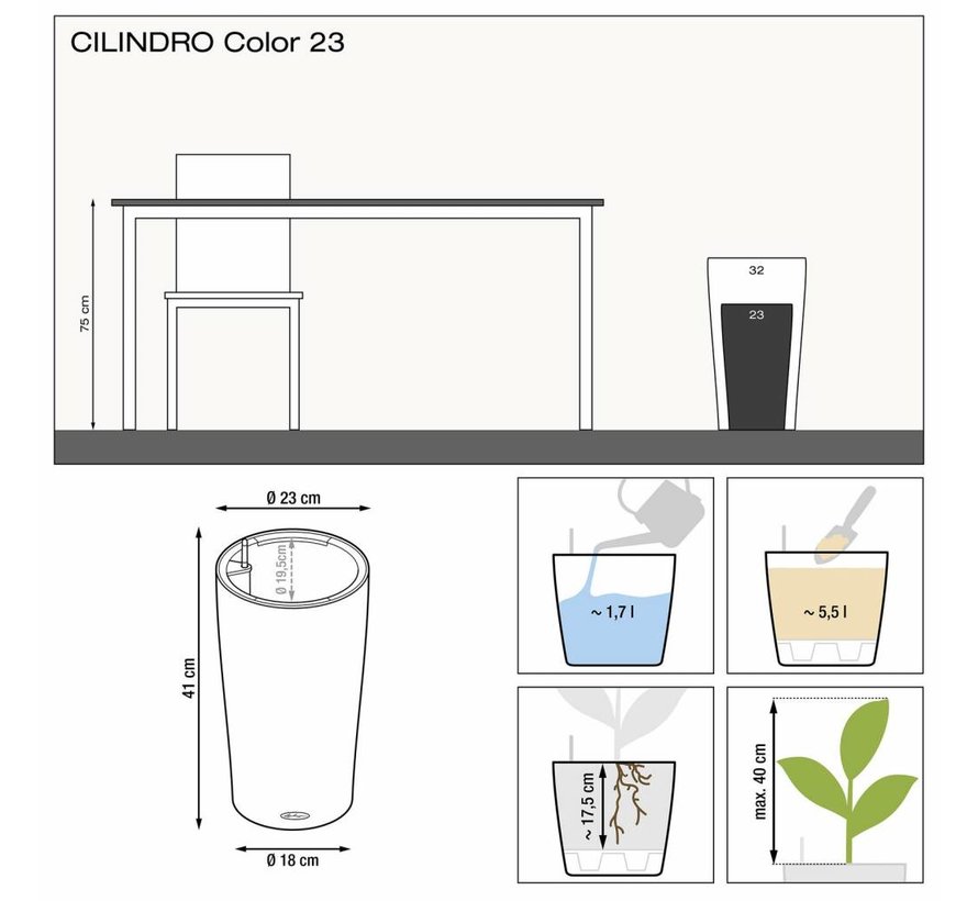 Lechuza - plantenbak CILINDRO COLOR23 Wit ALL-IN-ONE  set