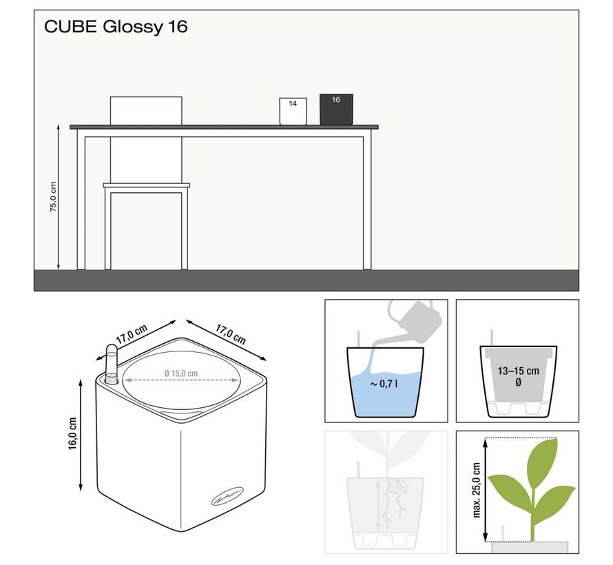 Lechuza - CUBE GLOSSY 16 Antraciet hoogglans ALL-IN-ONE