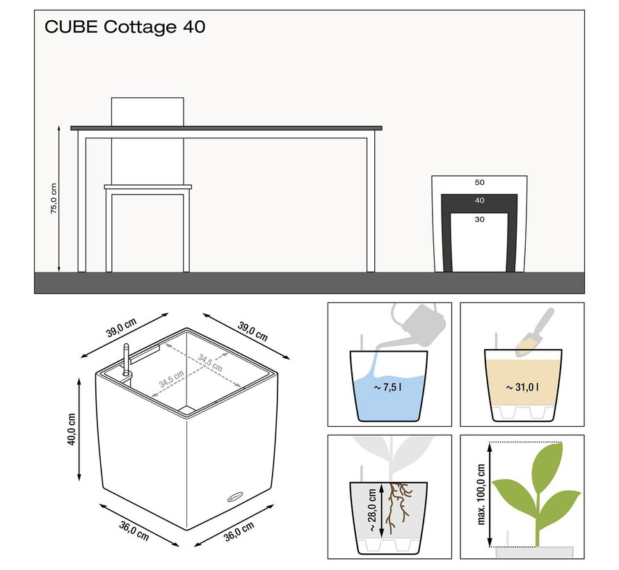 Lechuza - Pflanzgefäß CUBE COTTAGE40 mokka ALL-IN-ONE Set