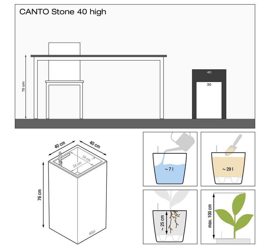 Lechuza - plantenbak CANTO STONE High 40 grafietzwart ALL-IN-ONE set