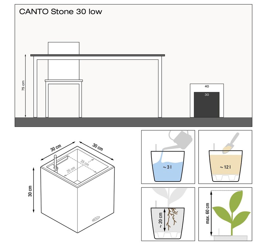 Lechuza - plantenbak CANTO STONE  Low 30 steengrijs ALL-IN-ONE set