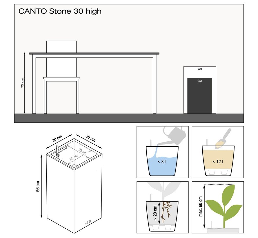 Lechuza - plantenbak CANTO STONE High 30 steengrijs ALL-IN-ONE set