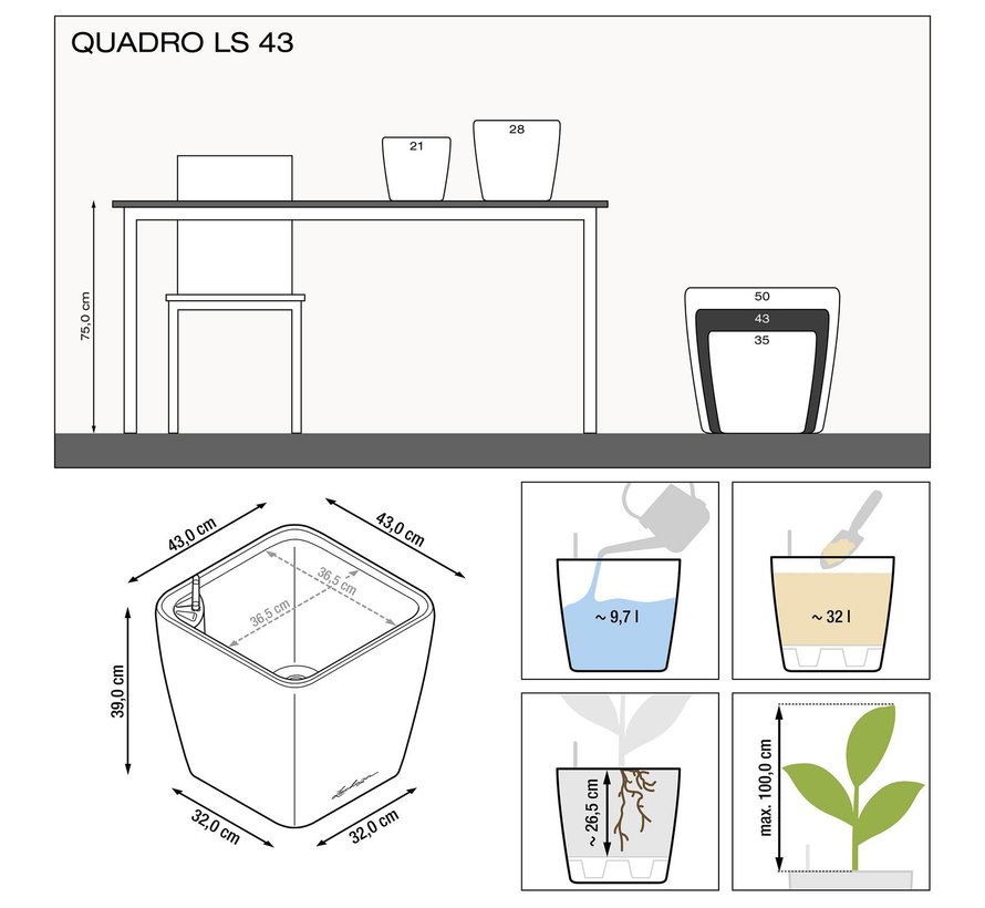 Lechuza - plantenbak QUADRO PREMIUM 43 LS antraciet metallic ALL-IN-ONE set