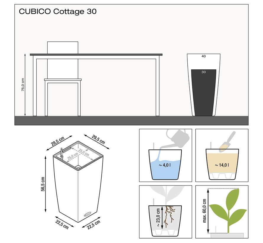 Lechuza - Pflanzgefäß CUBICO COTTAGE 30  Weiß ALL-IN-ONE Set