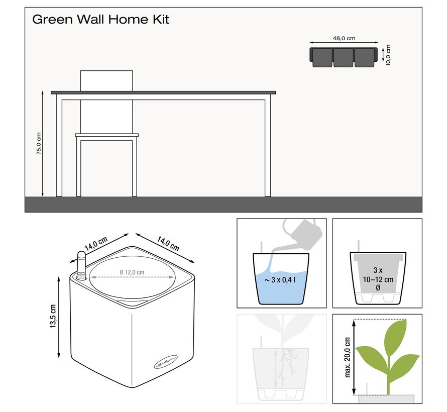 Lechuza - CUBE GLOSSY Green Wall Home Kit Wit hoogglans ALL-IN-ONE LEC13523 4008789135230