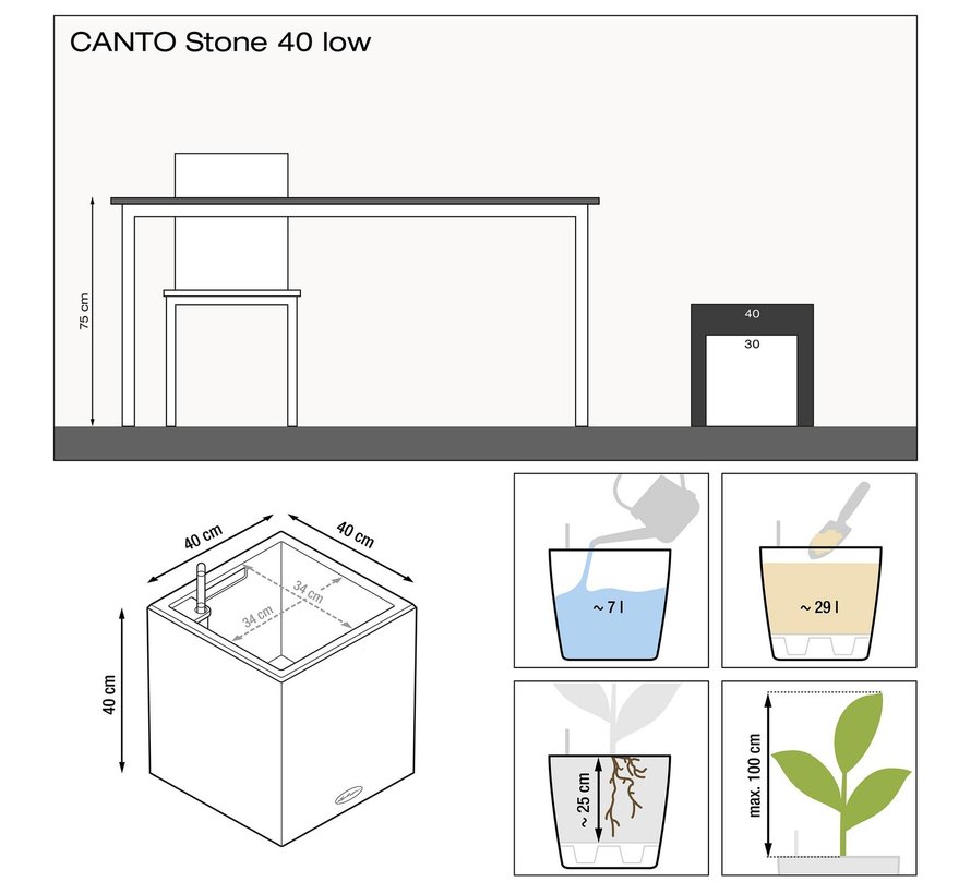 Lechuza - Pflanzgefäß CANTO STONE Low 40 steingrau ALL-IN-ONE Set