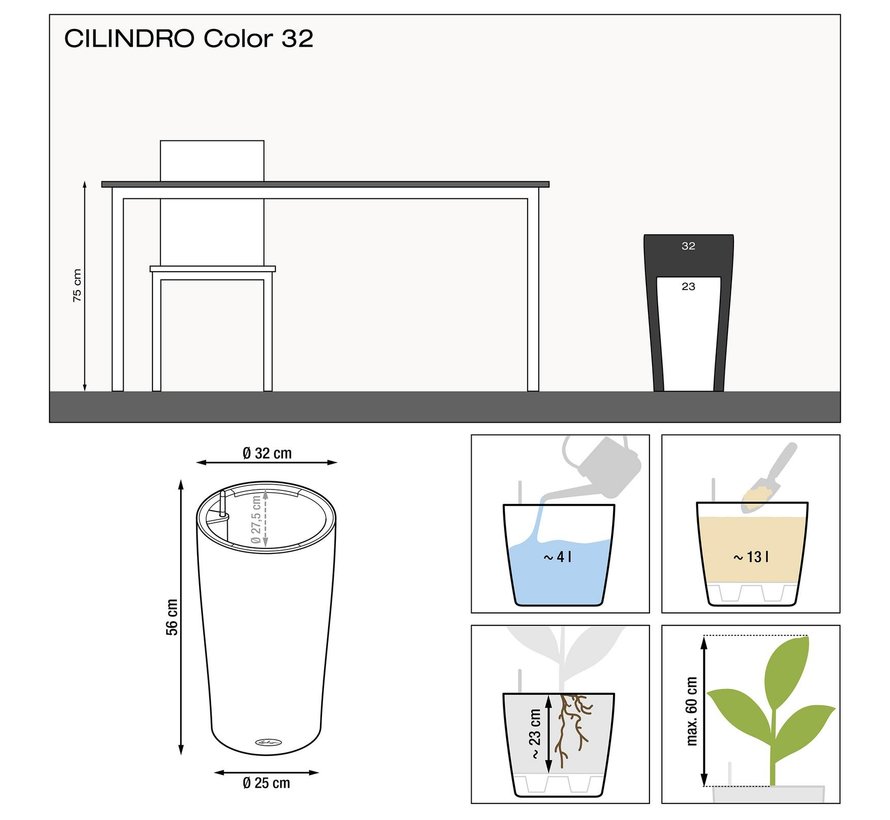 Lechuza - planteur CILINDRO COLOR 32 Blanc ALL-IN-ONE set