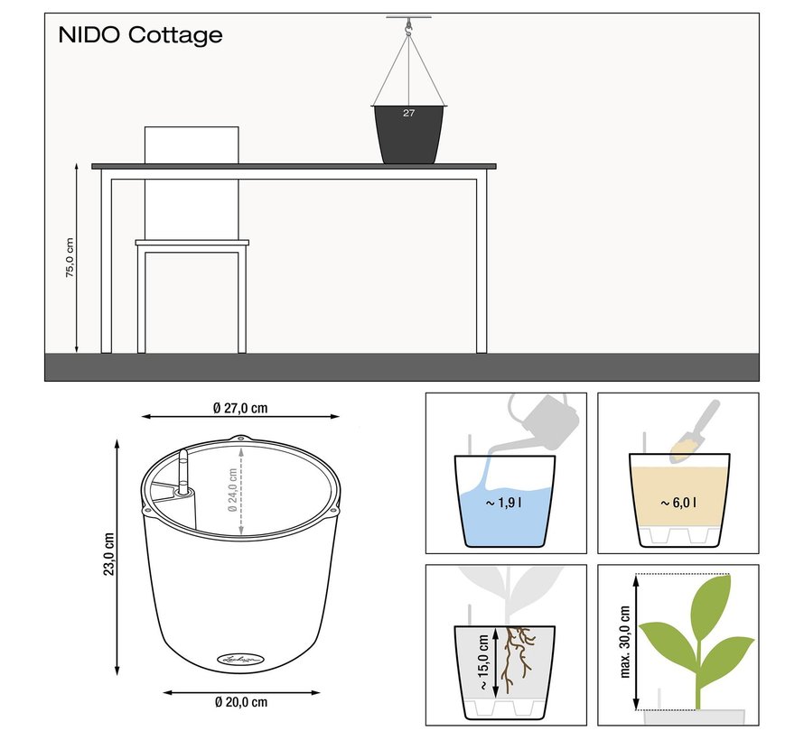 Lechuza -Pflanzgefäß NIDO COTTAGE weiß ALL-IN-ONE Set