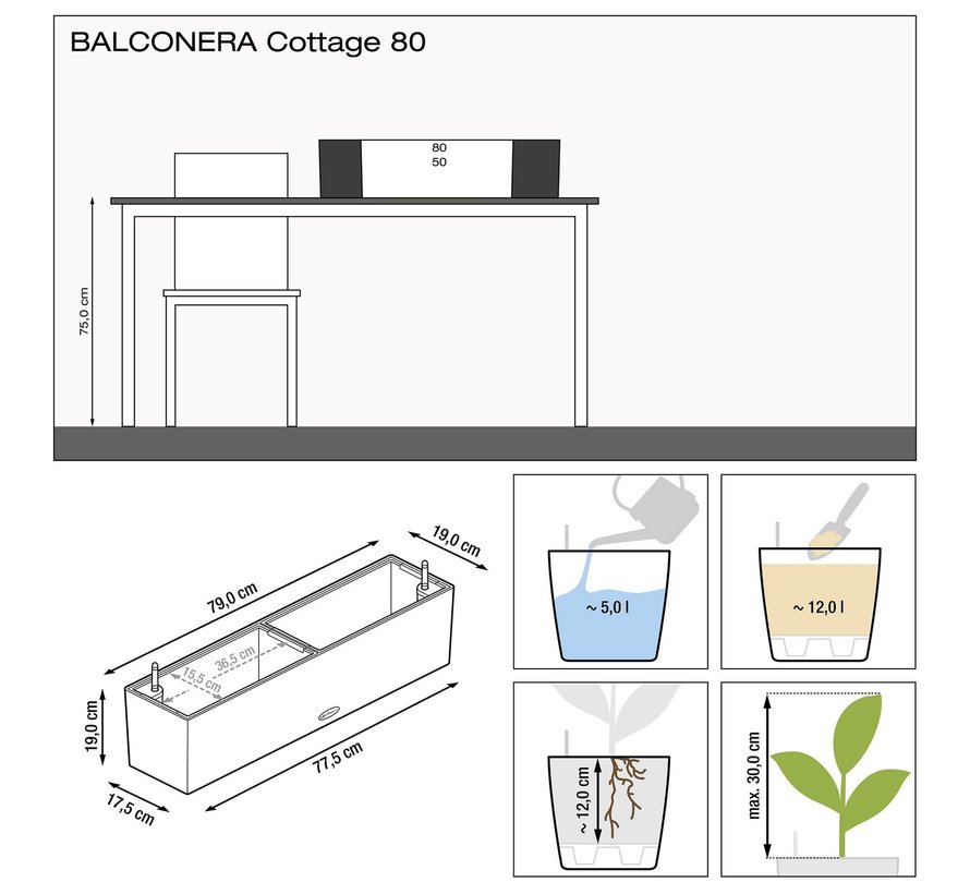 Lechuza -planteur BALCONERA COTTAGE 80 granit ALL-IN-ONE set