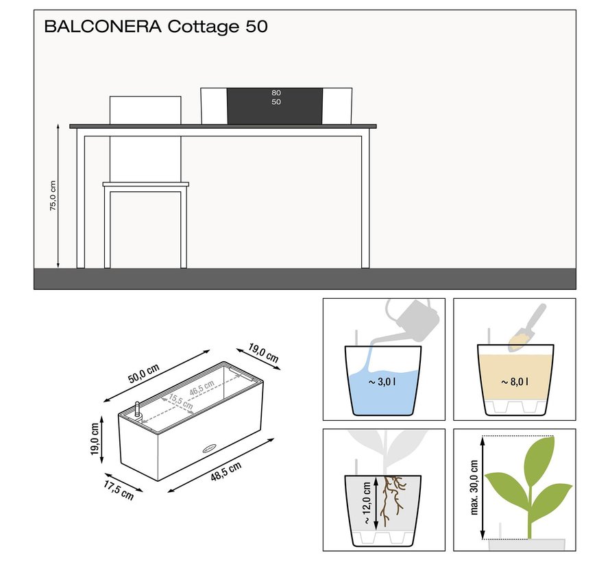 Lechuza - plantenbak BALCONERA COTTAGE 50 wit ALL-IN-ONE set