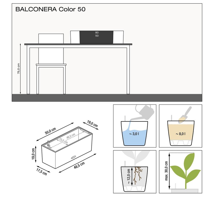 Lechuza - Pflanzgefäß BALCONERA COLOR 50 weiß ALL-IN-ONE Set