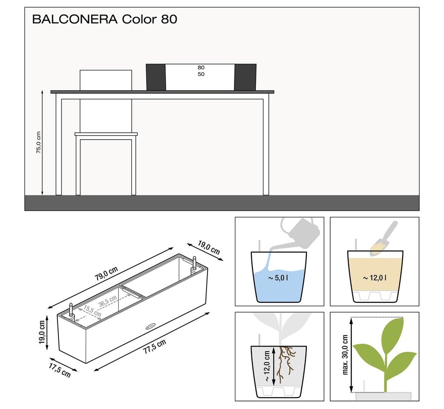 Lechuza - plantenbak BALCONERA COLOR 80 leisteengrijs ALL-IN-ONE set