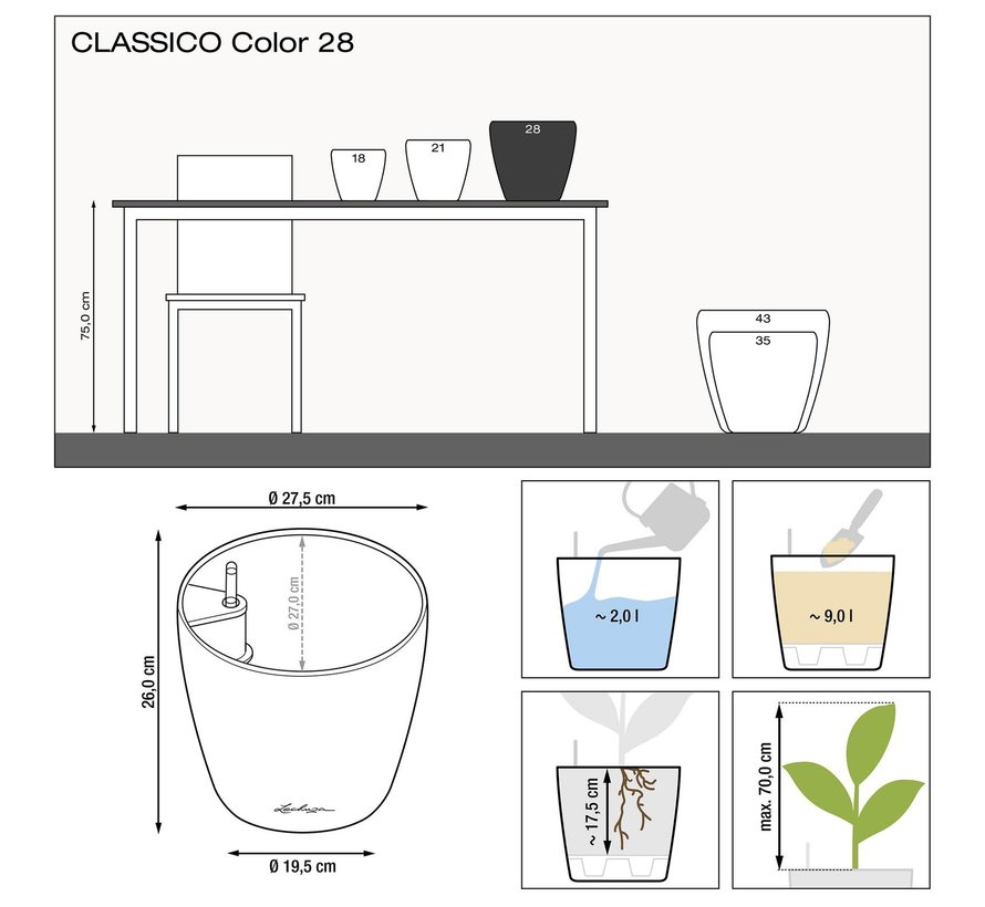 Lechuza - plantenbak CLASSICO COLOR 28 wit ALL-IN-ONE set