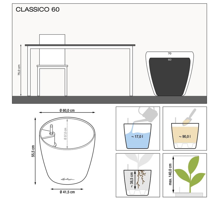 Lechuza - plantenbak CLASSICO PREMIUM 60 zwart hoogglans ALL-IN-ONE set