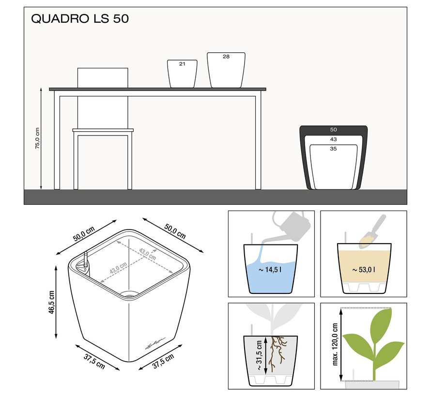 Lechuza - plantenbak QUADRO PREMIUM 50 LS wit hoogglans ALL-IN-ONE set