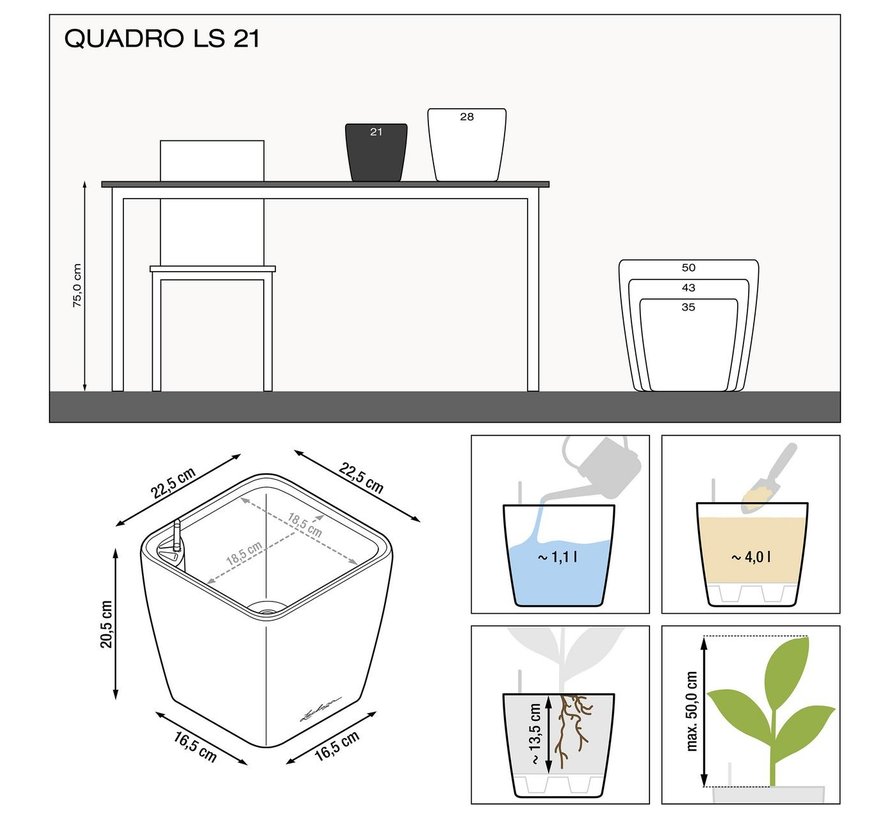 Lechuza- plantenbak QUADRO PREMIUM 21 LS  espresso metallic ALL-IN-ONE set