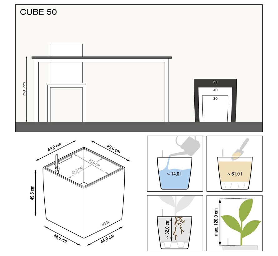 Lechuza - Pflanzgefäß CUBE COTTAGE 50 mokka ALL-IN-ONE Set