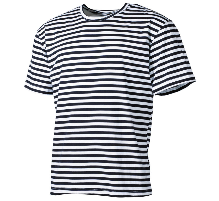 Blauw-wit  gestreept Russisch marine T-shirt (Telnyashka ) met korte mouwen.