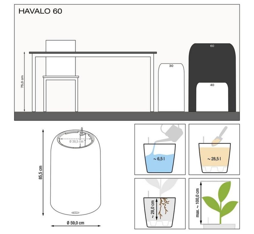 Lechuza - plantenbak HAVALO 60 moon grey ALL-IN-ONE set