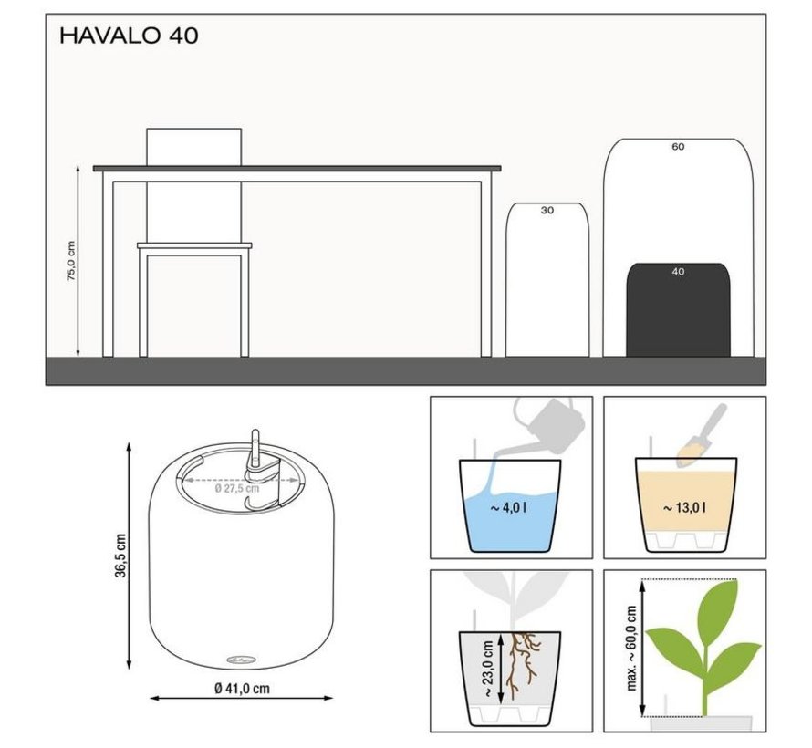 Lechuza - plantenbak HAVALO 40 moon grey ALL-IN-ONE set