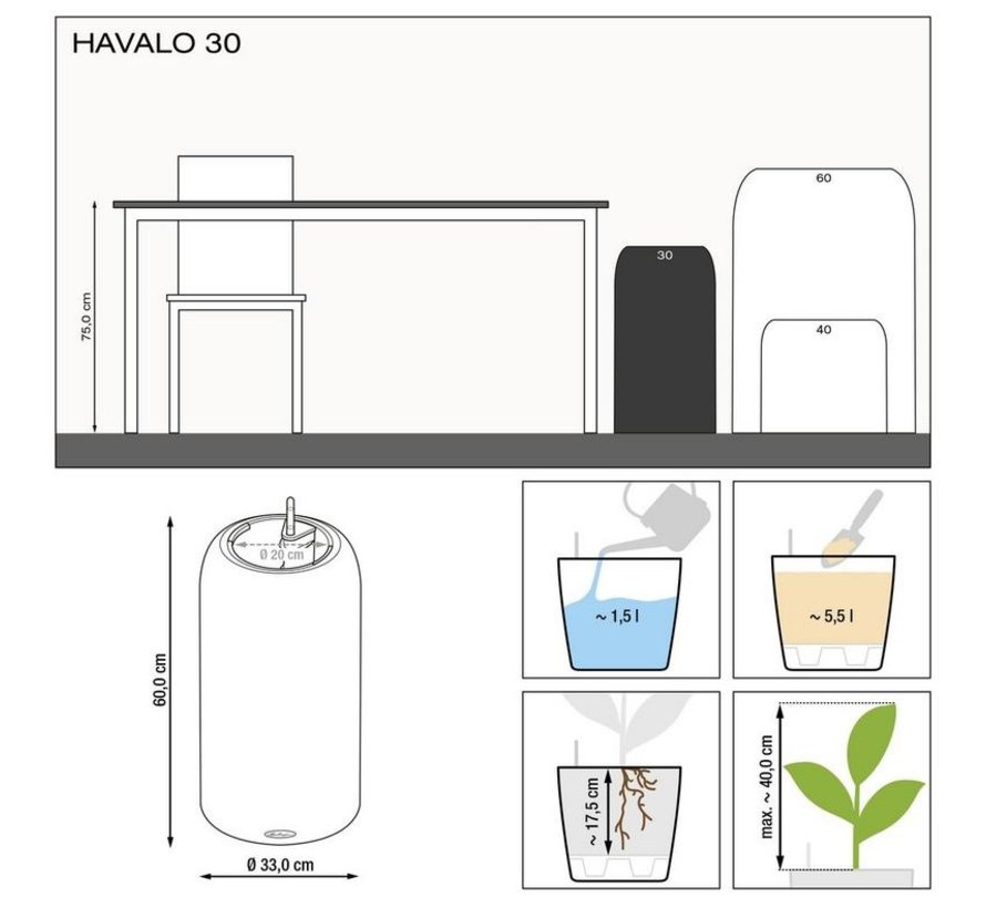 Lechuza - plantenbak HAVALO 30 moon grey ALL-IN-ONE set