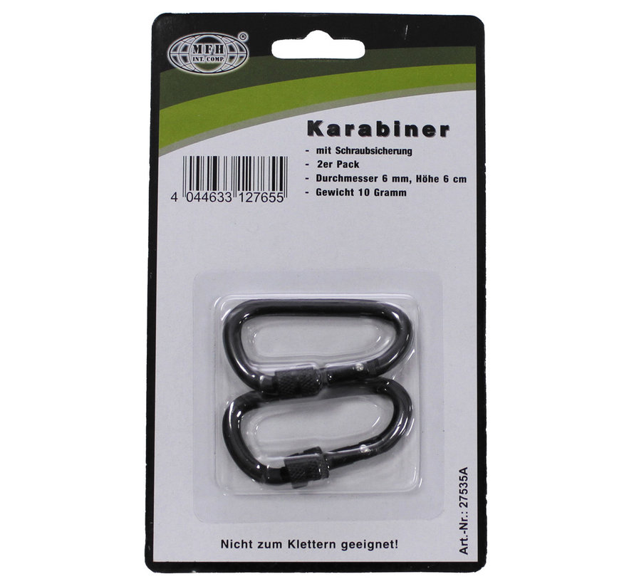 MFH - Carabiner  -  schroefslot  -  D 6 mm x 6 cm  -  2-pack  -  Zwarte