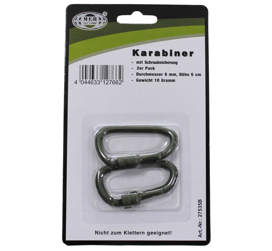 MFH - Carabiner  -  schroefslot  -  D 6 mm x 6 cm  -  2-pack  -  OD groen